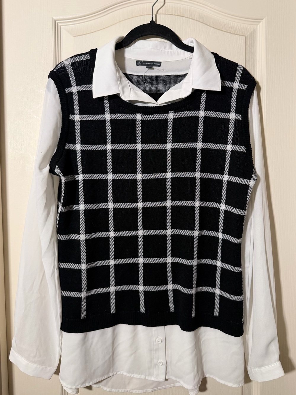 Adrianna Papell Black & White Windowpane Sweater Vest with White Blouse